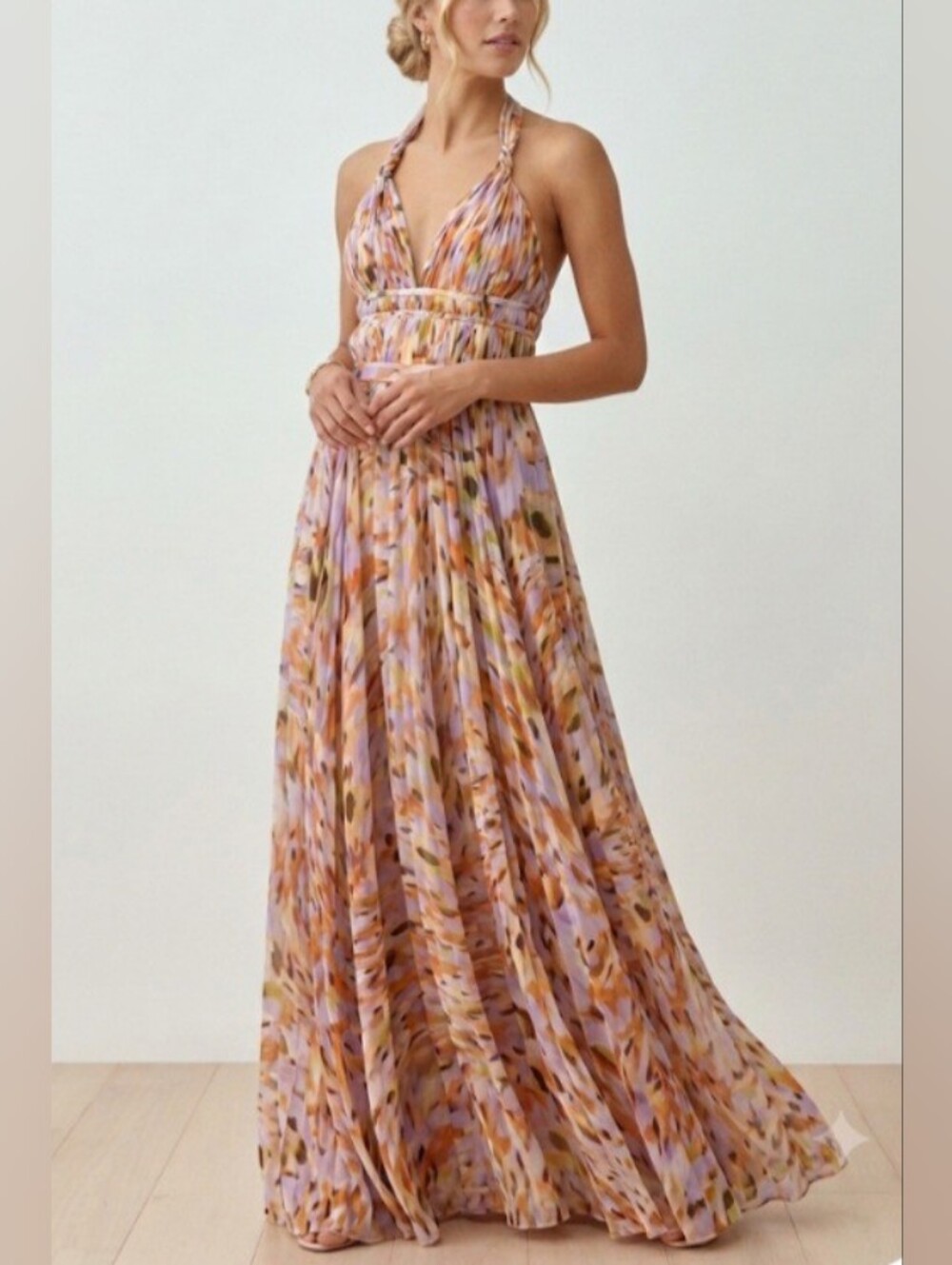 AMUR Neve Pleated Chiffon Maxi Dress Pebble Beach -Size 6